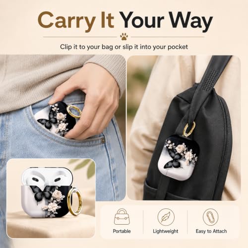 Compatible with AirPod 4 Case 2024, Cute Hard Plastic Protective Cover for Airpod 4th Generation Women, Shockproof Shell Skin with Gold Ring Keychain,Black Butterfly White Flowers Gray Leaf - color: Black Butterfly White Flowers Gray Leaf