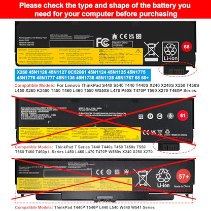 0C52861 0C52862 45N1124 45N1775 45N1126 45N1127 Battery for Lenovo Thinkpad X240 X250 X260 X270 L450 L460 L470 T440 T440s T450 T450s T460 T460P T470P T550 T560 K2450 S440 S540 P50S W550 W550S 45N1128 - size: 8.11*2.52*0.35inch X260