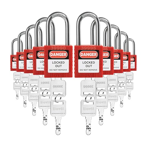 Loto Locks, 10 Pack Red Keyed Different Lockout Tagout Padlocks | Anti-Corrosion Cylinder Safety locks, 2 Keys Each, Nylon Body, Key-Retaining Design, Stainless Steel Shackle, EN/FR/ES Labels - color: D1-10 red locks-keyed different