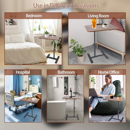 Adjustable Overbed Table, Overbed Bedside Table with Hidden Casters, 360° Swivel C Shaped Side Table, Mobile Laptop Computer Standing Desk for Home and Hospital Use (Walnut) - color: Walnut
