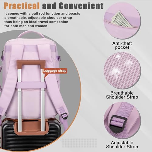 40L Travel Backpack, Flight Approved Carry On Laptop Backpack | Water-resistant, Personal Item Travel Bag, Fits 15.6/17.3 inch Laptop, Hiking, Camping, Business, Commute, Men & Women - color: Purple, size: Large