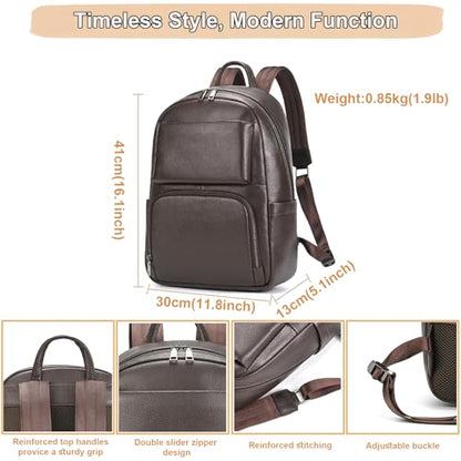 Genuine Leather 15.6 Inch Laptop Backpack for Men, Multi Pocket Casual Daypack Shoulder Bag for Business Travel Outdoor, Coffee - color: Coffee