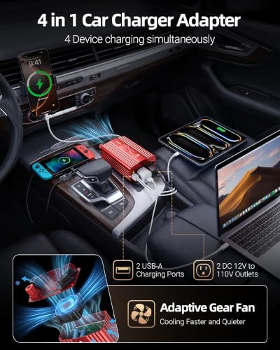 BESTEK 300Watt Pure Sine Wave Power Inverter - DC 12V to AC 110V Car Plug Inverter Adapter, Power Converter with 4.8A Dual USB Charging Ports and 2 AC Outlets Car Charger