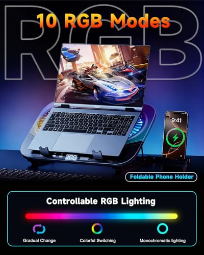 Upgraded Laptop Cooling Pad with Dual TEC Coolers & 2 Quiet Fans-RGB Laptop Cooler for 12-21in Laptops, Gaming Laptop Fan Cooling Pad Stand with Phone Holder, 100-Speed & 5-Height Adjustable, USB Port