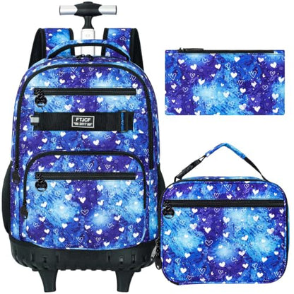3Pcs Rolling Backpack for Girls Women, Travel Roller Backpacks with Wheels for Adults, Teens College Love Polka Dots Wheeled Bookbag with Lunch Box(Blue) - color: Blue
