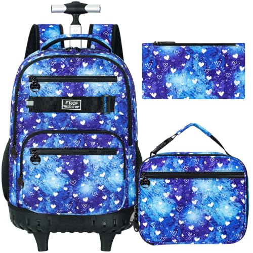 3Pcs Rolling Backpack for Girls Women, Travel Roller Backpacks with Wheels for Adults, Teens College Love Polka Dots Wheeled Bookbag with Lunch Box(Blue) - color: Blue