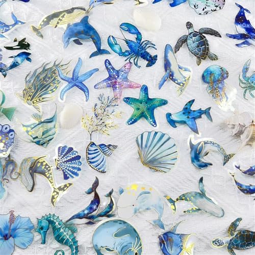 50PCS Cute Marine Life Gold-Embossed Waterproof Stickers for Water Bottle, Cool Marine Creatures Transparent Stickers Pack for Laptop, Scrapbook, Ocean Animal Blue Golden Decals Gift (Colourful-B7) - color: Colourful-b7