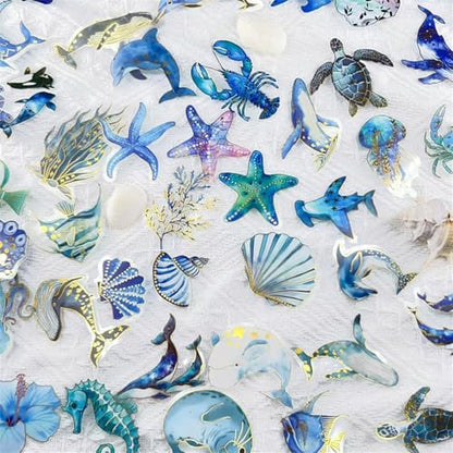 50PCS Cute Marine Life Gold-Embossed Waterproof Stickers for Water Bottle, Cool Marine Creatures Transparent Stickers Pack for Laptop, Scrapbook, Ocean Animal Blue Golden Decals Gift (Colourful-B7) - color: Colourful-b7