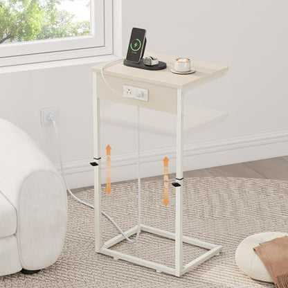 C Shaped End Table with Charging Station, Adjustable Height Side Table for Couch, Small Side Table, 33.2'' Tall Couch Tables that Slide Under, Tv Tray End Table for Living Room, Beige - color: Beige (1 Pack), style: With Plug