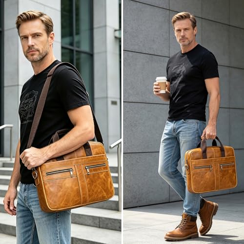 Leather Laptop Bag for Men Briefcase Fits 15.6 Inch Notebook Portable Shoulder Messenger Crossbody Bag for Travel Office - color: 16yellow Brown