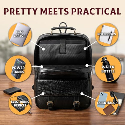 15.6" Luxury Black Leather Laptop Backpack for Men & Women. Leather Bag for Professional Use in Office & Business - color: Black
