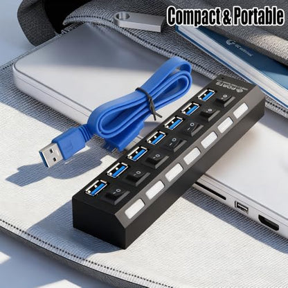 7-Port USB 3.0 Hub with Independent LED Switch, 5Gbps Data Transmission, Universal USB Extension Cable for Laptop, PC, Mac mini, iMac, Surface Pro - Durable PC Material, No Battery Required