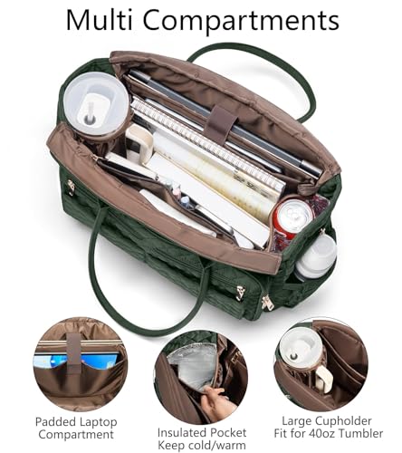 Bagstellar Teacher Tote Bag for Women, 15.6" Laptop Work Tote Computer Bag | Quilted Bible Nurse Bag with 40oz Cup Holder, Insulated Pocket & Strap, Large Laptop Briefcase for School Travel Office Gifts - color: Dark Green