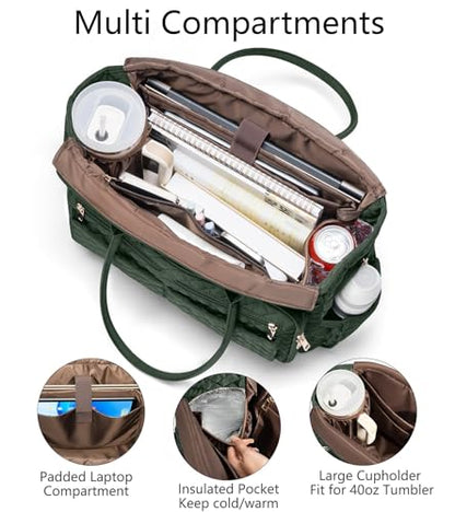 Bagstellar Teacher Tote Bag for Women, 15.6" Laptop Work Tote Computer Bag | Quilted Bible Nurse Bag with 40oz Cup Holder, Insulated Pocket & Strap, Large Laptop Briefcase for School Travel Office Gifts - color: Dark Green