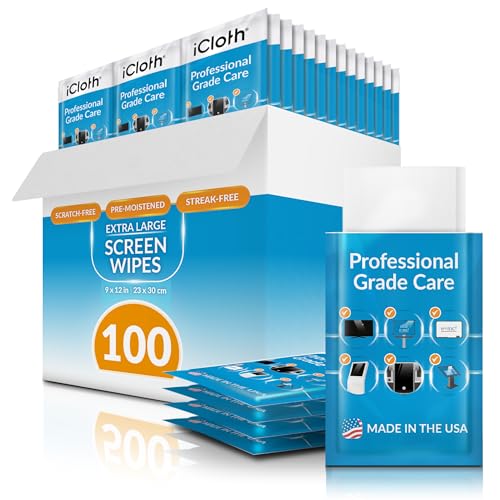 iCloth XL Screen Cleaning Wipes, Lint-Free and Streak-Free, Fast-Drying, Removes Dust, Fingerprints, and Smudges (100 XL Wipes) - size: 1 Count (Pack of 100)