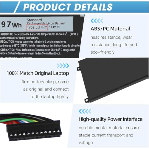 97WH 6GTPY Battery for Dell XPS 15 9550 9560 9570 7590 Precision 5510 5520 | 5530 5540 Vostro 7500 7590,Replacement 4GVGH GPM03 M2X4 5XJ28 05XJ28 5D91C 1P6KD P56F P56F001 P56F002 11.4V