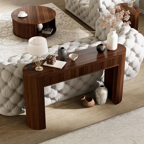 55" Fluted Console Table with 2 Drawers & LED Lights,Entryway Tables with Charging Station,Narrow Sofa Table Behind Couch,Mid-Century Modern Foyer Table for Entryway, Hallway, Living Room(Walnut) - color: Walnut