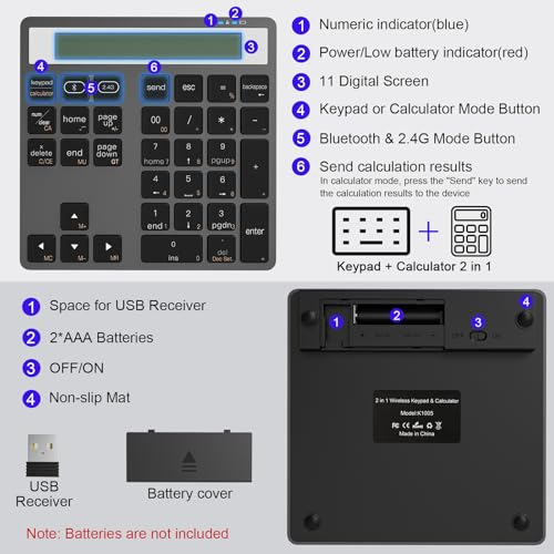 Numeric Keypad Bluetooth Number Pad - with Display Calculator Bluetooth Wireless Numpad Keyboard 2 in 1 Data Entry + Calculation, Slim 34 Keys External Number Keypad for Laptop Macbook Mac Surface PC
