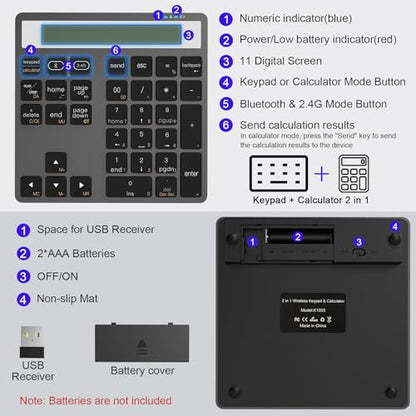Numeric Keypad Bluetooth Number Pad - with Display Calculator Bluetooth Wireless Numpad Keyboard 2 in 1 Data Entry + Calculation, Slim 34 Keys External Number Keypad for Laptop Macbook Mac Surface PC