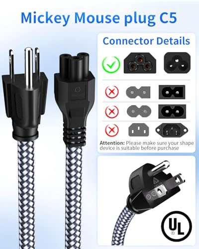3 Prong AC Laptop Power Cord,6.6FT/2M Universal Power Cable Braided 3 Pin Power Cable for DellHP LG Lenovo Asus Acer Toshiba Laptops/Notebooks,Monitors,Printers,NEMA 5-15P to C5 Power Cord - size: 6.6 feet