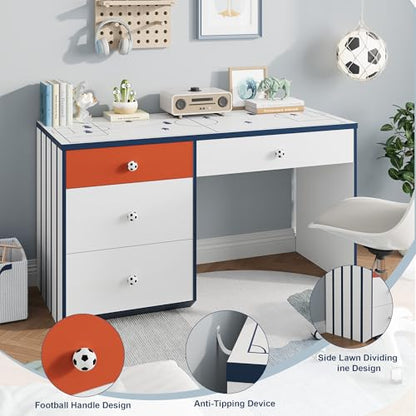 Modern Small Desk with 4 Drawers, 47 Inch Computer Desk with Storage & Soccer Shaped Handle, Wooden Student Study Writing Table for Bedroom, Small Space, White/Blue