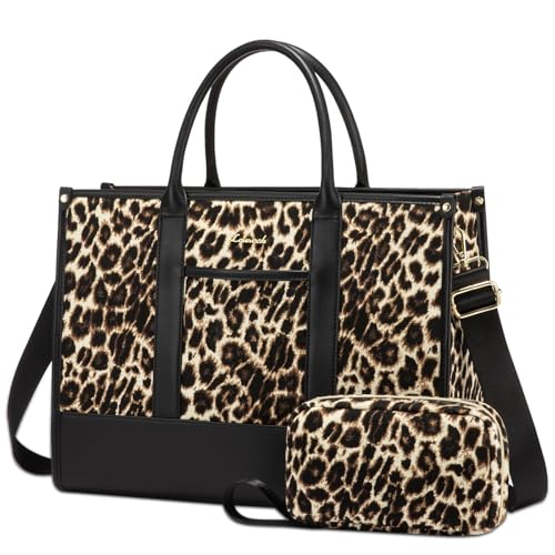 LOVEVOOK Laptop Bag for Women 17 inch Canvas Laptop Tote Bag， Large Professional Teacher Purse Lightweight Computer Bag Briefcase Business Office, Black Brown - color: Leopard-black, size: 17inch
