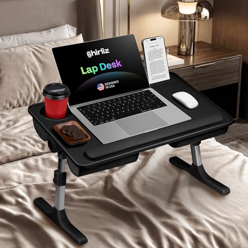 Lap Desk with Legs & Cushions: 2-in-1 Foldable Bed Desk for Adults - One-Touch Height Adjustment, Bed Table Tray Hold: up to 15.6“ Laptop, Mouse Cup Phone - Laptop Stand Desks for Bed (Black) - color: Black