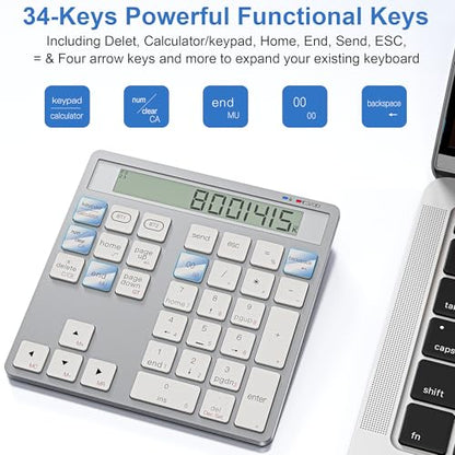 Rechargeable Wireless Number Pad for Laptop - 2-in-1 Dual Bluetooth & Wired Numeric Keypad with Calculator Display, 34 Keys Slim Portable Numpad for PC, MacBook, Tablet - Fast Data Entry & Accounting