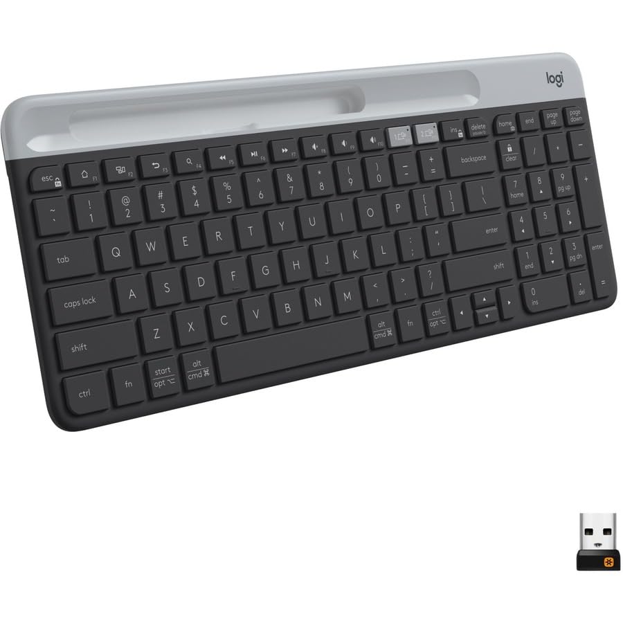 Logitech K585 Slim Wireless Keyboard with Built-in Phone Cradle - Graphite | Bluetooth with included USB receiver, connects 2 devices, cradle can hold smartphone or tablet up to 10 in. in landscape mode - color: Graphite