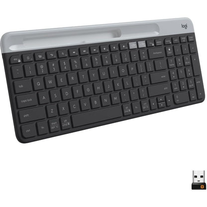 Logitech K585 Slim Wireless Keyboard with Built-in Phone Cradle - Graphite | Bluetooth with included USB receiver, connects 2 devices, cradle can hold smartphone or tablet up to 10 in. in landscape mode - color: Graphite