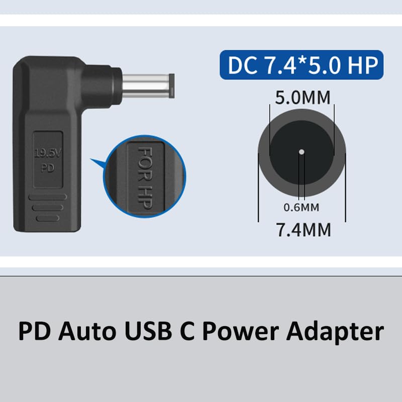 100W USBC to 7.4x5.0mm Adapter, USB C to 7.4mmX5.0mm 19.5V Adapter Made for HP Spectre, Envy, EliteBook, Chromebook Series - style: 7.4x5.0mm for HP