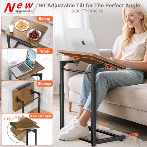 Tv Tray Table, 8-Level Adjustable Height Couch Side Table，90° Tilt Angle Adjustments C-Shaped End Table, with Phone & Tablet Slot Sofa Computer Desk for Couch, Sofa, Bed, Chair, Living Room (Brown) - color: Brown, size: 1 pcs
