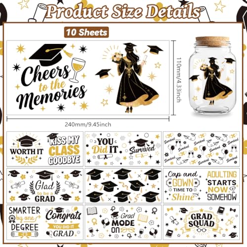 Peacoblue UV DTF Cup Wraps Transfer Stickers Graduation Season Pattern, 10 Sheets Waterproof Custom Vinyl Transfer Sticker 16oz Coffee Glass Cup Tumbler Bottle Mug Decals for Men Women - style: Graduation Season