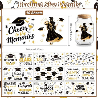 Peacoblue UV DTF Cup Wraps Transfer Stickers Graduation Season Pattern, 10 Sheets Waterproof Custom Vinyl Transfer Sticker 16oz Coffee Glass Cup Tumbler Bottle Mug Decals for Men Women - style: Graduation Season