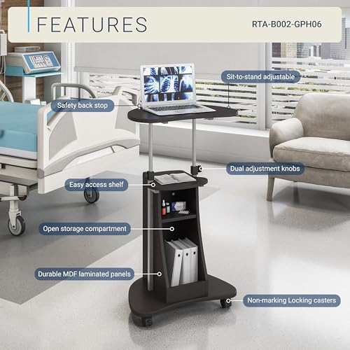 Techni Mobili Sit-to-Stand Rolling Adjustable Height Laptop Cart with Storage, Graphite, 22 x 16 x 46 - color: Black Graphite