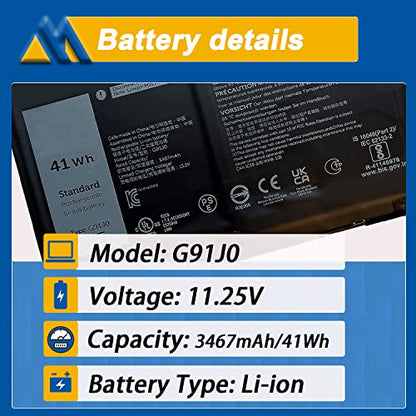 41Wh G91J0 Battery Replacement for Dell Latitude 3520 3420 3320 3330 Inspiron 3511 3515 3525 3530 5310 5410 5418 5510 5515 5518 14 Plus 7420 7415 2-in-1 Vostro 5620 5625 11.25V 3467mAh - size: 8.39*3.47*0.23 inch G91J0
