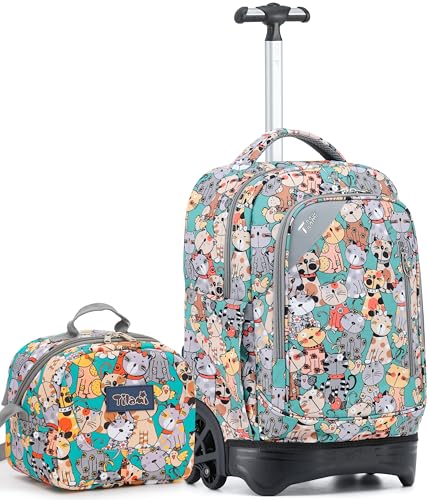 NEW TILAMI 18 Inch Rolling Backpack with Lunch Bag for Girls Boys School | 6-Wheel Stair-Climbing Girls Boys Carry-on Suitcase Water-Resistant Adjustable Trolley Handle Wheels School Travel Camping - color: Cats Cute