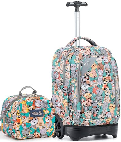 NEW TILAMI 18 Inch Rolling Backpack with Lunch Bag for Girls Boys School | 6-Wheel Stair-Climbing Girls Boys Carry-on Suitcase Water-Resistant Adjustable Trolley Handle Wheels School Travel Camping - color: Cats Cute