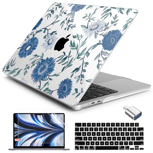 Batianda LumiArt Case for MacBook Air 13.6" M2-M5 Chip, Blue Teal Daisy | 4-in-1 set with fresh sleek wildflower design, lightweight slim hard shell protection for cottagecore lovers and women - color: Flowers and leaves