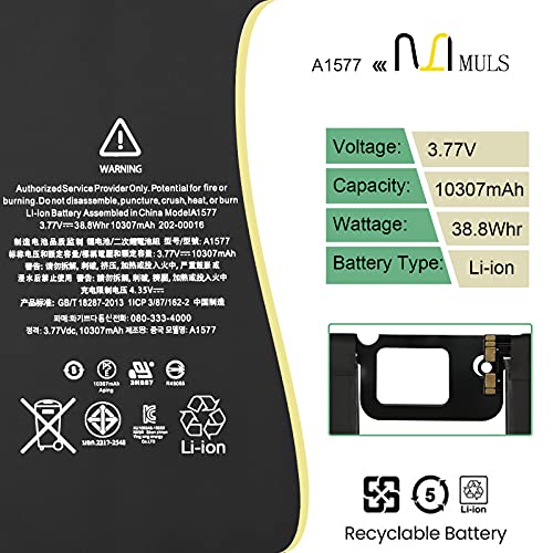 MULS A1577 Tablet Battery for Apple iPad Pro 12.9” 1st Gen Wi-Fi/Cellular A1584 A1652 020-00016 ML0F2LL/A ML0F2B/A ML0F2CL/A ML0F2FD/A ML0F2TY/A ML0G2LL/A ML0G2B/A ML0G2CL/A ML0G2FD/A ML0G2TY/A | A1584 A1652 020-00016 ML0F2LL/A ML0F2B/A ML0F2CL/A ML0F2FD/