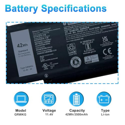 GRWKG 42Wh Battery Replacement for Dell Latitude 3340 3440 3450 3540 3550 5340 5350 5440 5450 5540 5550 7455 Precision 3480 3490 3580 3590 Series JTG7N 0V7TXF R73TC DR02P V7TXF 11.4V - size: 11.42*3.86*0.71inch GRWKG