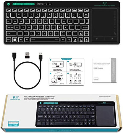 Rii K18 Plus Wireless 3-LED Color Backlit Multimedia Keyboard | Multi-Touch Trackpad Rechargable Keyboard for Android TV Box,PC,Smart TV,Xbox,Raspberry Pi, HTPC IPTV,Windows, MacOS ﻿ - style: 2.4G Version