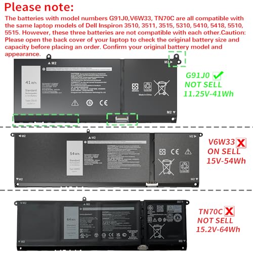 41Wh G91J0 JGCCT N9XX Battery Replacement for Dell Latitude 3520 3420 3320 3330 Inspiron 3510 3511 3515 3525 3530 5310 5410 5418 5510 5515 5518 14 Plus 7420 7415 2-in-1 Vostro 5620 5625 11.25V - size: 6.92*3.75*0.55inch G91J0