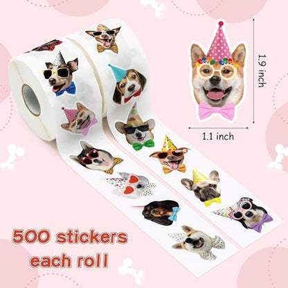 CNhoqc Puppy Birthday Sticker Rolls - 1000 Pcs Realistic Birthday Dog Hat Waterproof Vinyl Reusable Laptop Animal Stickers Self-Adhesive Scrapbook Water Bottle Greeting Cards Party Supplies Skateboard - style: Realistic Puppy Birthday