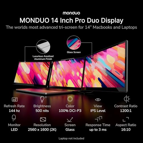14" Pro Triple Laptop Glass Screen Extender, Dual 14" 2k Portable Monitors, 144Hz, 100% DCI-P3, 500 Nits, Aluminum Finish for 14" MacBook Pro & Windows, for Gaming, Creators, & Professional | Dual 14-inch 2K monitors, 144Hz refresh rate, 100% DCI-P3, 500-