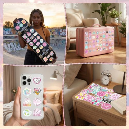 Pink Volleyball Stickers for Women - 100 Pcs Cute Volleyball Vinyl Sticker Decals, Sports Decals for Laptop Water Bottle Phone Case Notebook Skateboard Helmet Luggage Gift - style: Volleyball