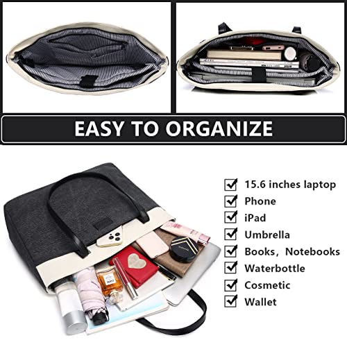RAVUO Tote Bag for Women, Water Resistant 2PCS Set 15.6 Inch Laptop Travelling Bags Work Teacher Purse W Portable Pouch - color: Black