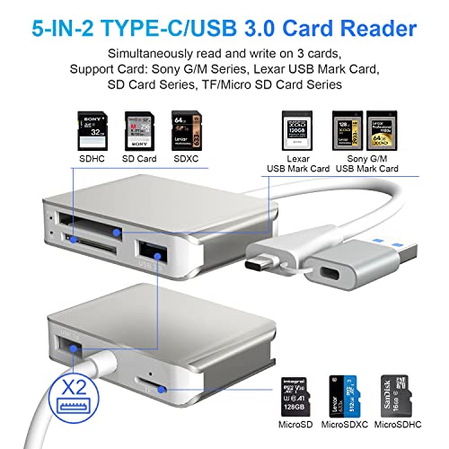 XQD Card Reader, USB 3.0/USB C to XQD/SD/TF Card Reader, 5 in 2 USB 3.0 Card Adapter Read 3 Cards for SD(HC/XC),TF, Sony G Series, Lexar USB Mark Card, Compatible for USB A/USB-C Laptop