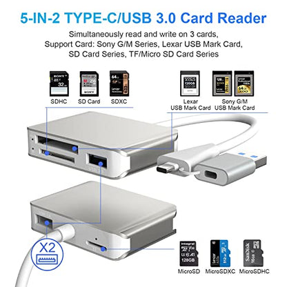 XQD Card Reader, USB 3.0/USB C to XQD/SD/TF Card Reader, 5 in 2 USB 3.0 Card Adapter Read 3 Cards for SD(HC/XC),TF, Sony G Series, Lexar USB Mark Card, Compatible for USB A/USB-C Laptop