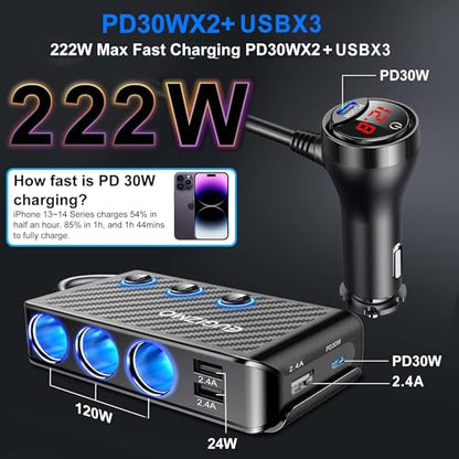 EUGIZMO 8 in 1 Cigarette Lighter Adapter,3 Socket Car Charger Plug Splitter | 12V/24V PLug in Outlet with Voltage Visible Independent Switches 2 PD30W & 3 USB-A Ports Fast-Charge Phones and Dash Cams